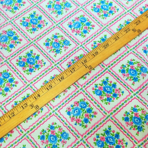VINTAGE FABRIC BABY BOLT HALF-YARD - CUTE FAUX PATCHWORK & FLOWERS PRINT IN BLUE, GREEN & NEON PINK ON WHITE