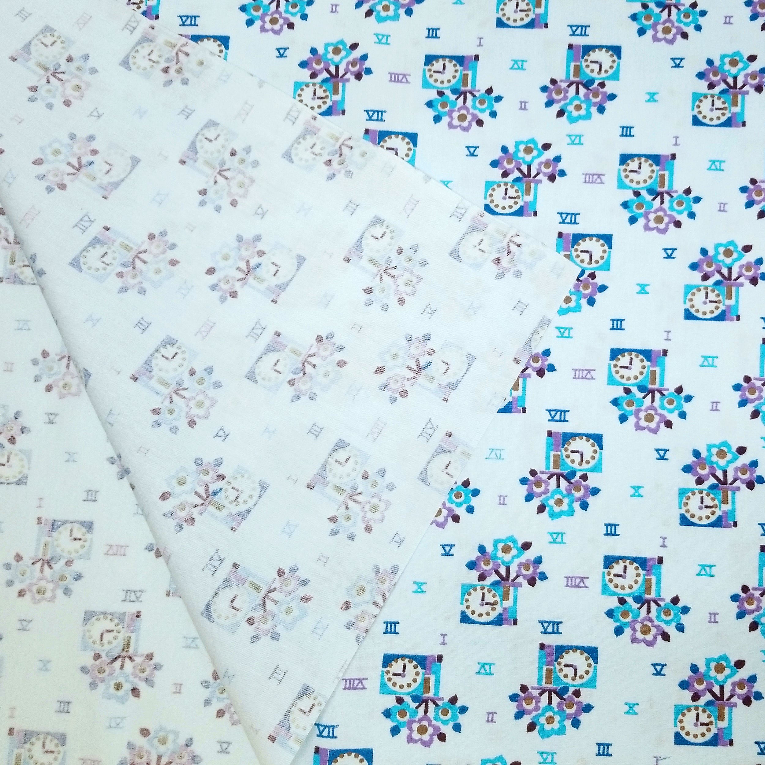 VINTAGE FABRIC BABY BOLT HALF-YARD - UNIQUE CLOCK AND FLOWERS PRINT IN PURPLE, BROWN, BLACK AND BLUES