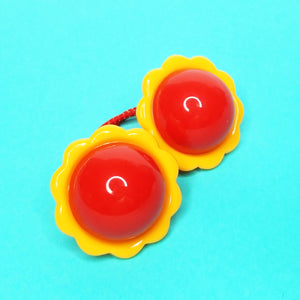 VINTAGE FLOWER POWER PONYTAIL HAIR BOBBLES - RED/YELLOW