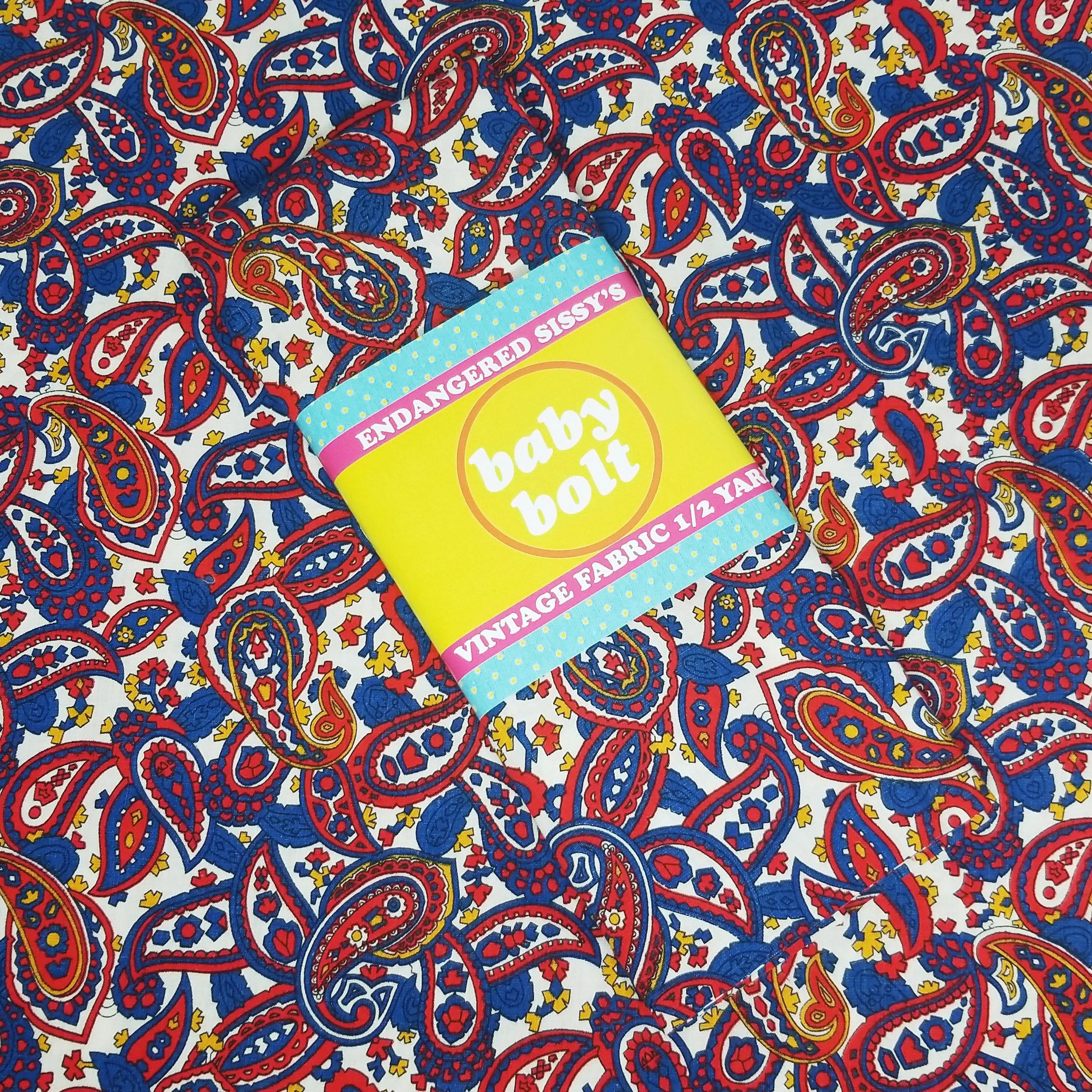 VINTAGE FABRIC BABY BOLT HALF-YARD -  SIXTIES' CLASSIC PAISLEY IN RED, WHITE, BLUE & YELLOW
