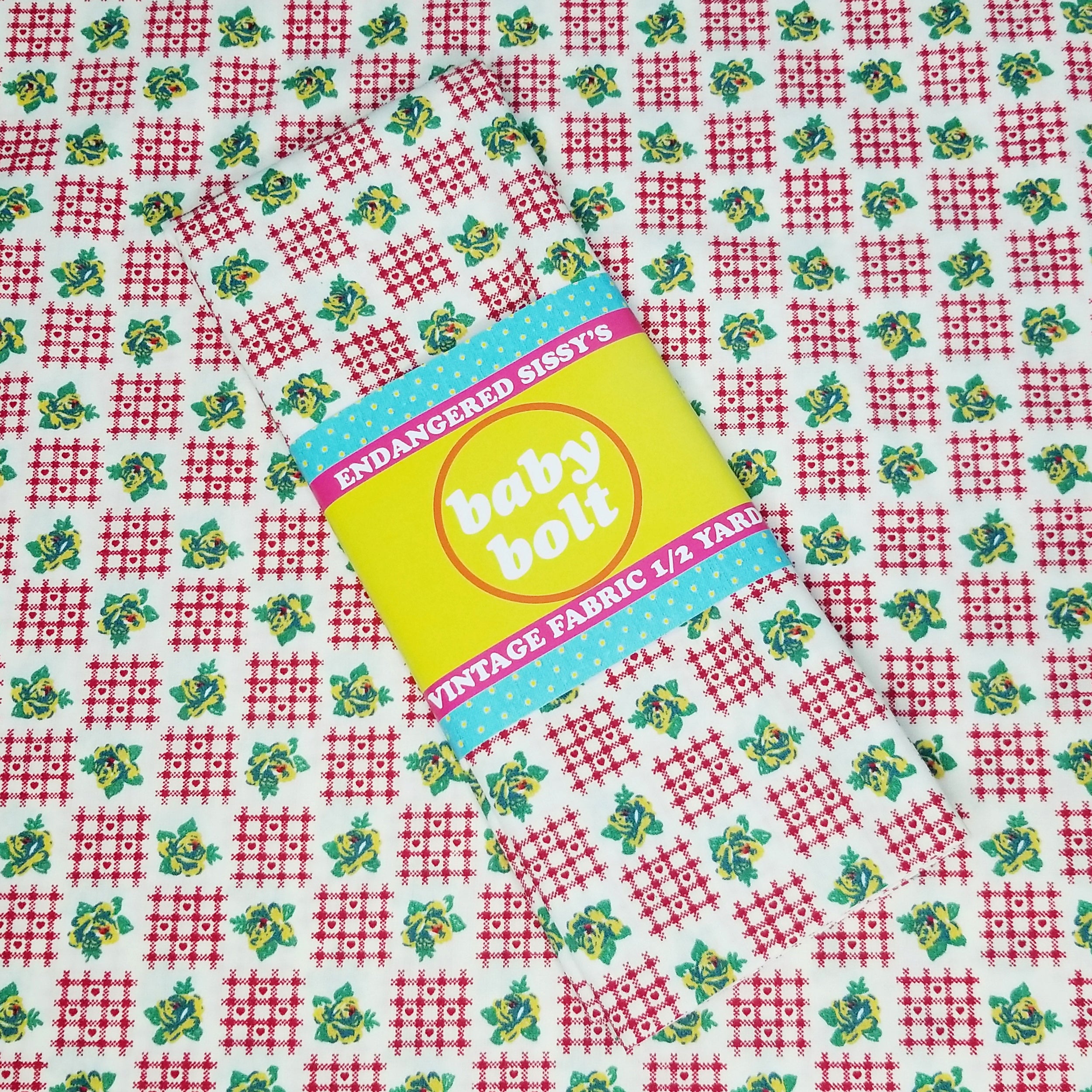VINTAGE FABRIC BABY BOLT HALF-YARD -  EIGHTIES' HEARTS & FLOWERS PRINT IN RED, GREEN, YELLOW & WHITE