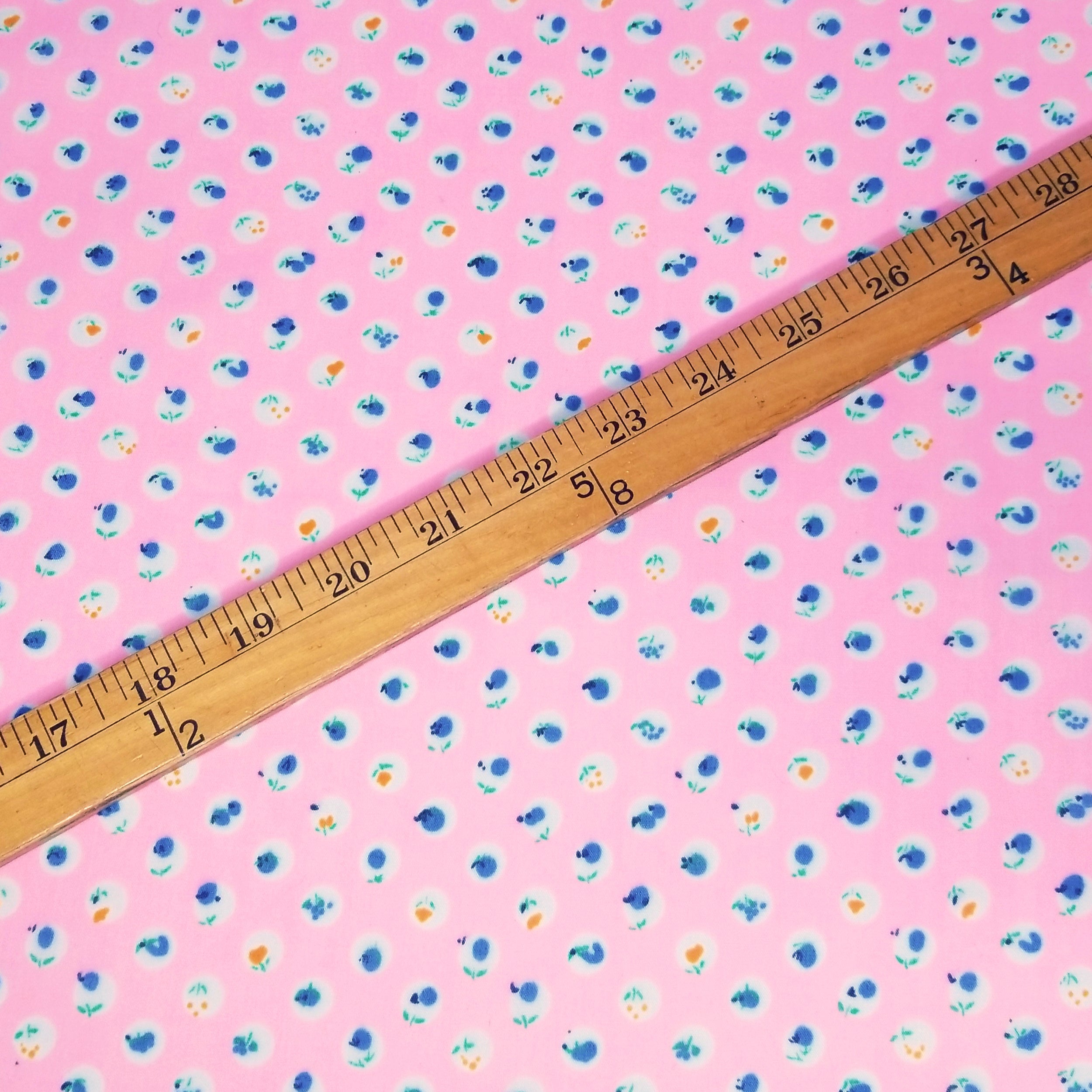 VINTAGE FABRIC BABY BOLT HALF-YARD -  EIGHTIES' STYLIZED BERRY & FLORAL DOT PRINT PRINT IN PINK, GOLDEN YELLOW & GREEN ON BUBBLEGUM PINK